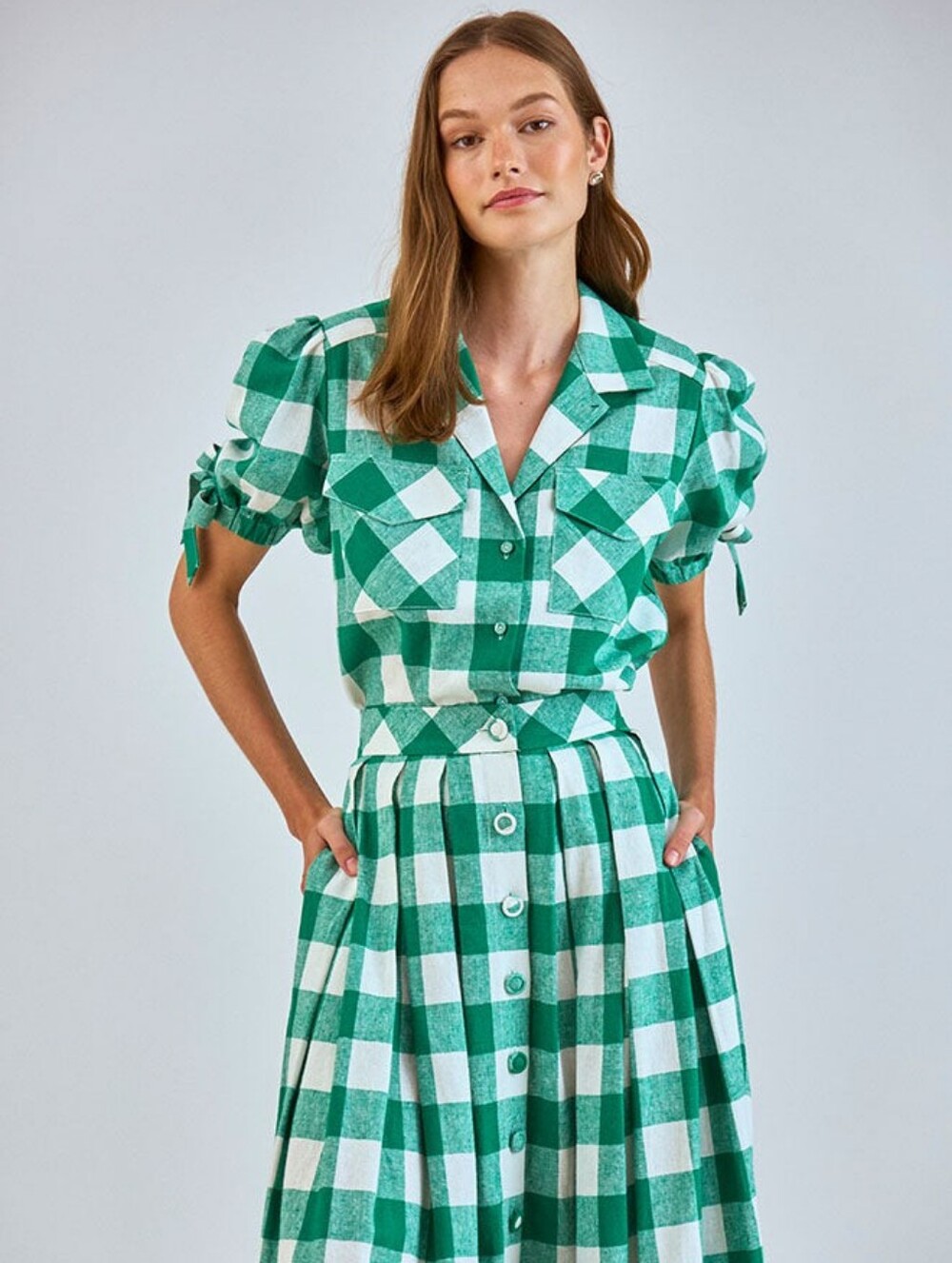 Hunter Bell Landon Buffalo-Checked Linen-Blend Top
